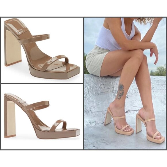 💕JEFFREY CAMPBELL💕 Hustler Platform Sandal Heels Taupe Patent Leather 7.5 NWOT - Picture 1 of 14